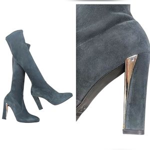 Stuart Weitzman Gray Suede Gold Tone Heeled Boots